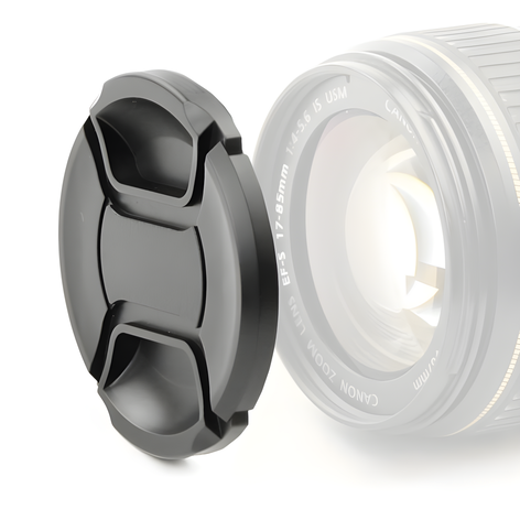 Lens Cap (front) Ø 52mm – Plastic Black Snap-On: Inside Handle / Central Pinch from CELLONIC – Nikon Coolpix B500; Fuji Fujinon XF 18mm F2 R
