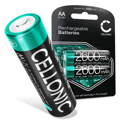CELLONIC Uppladdningsbara batterier AA Cellonic 2x Mignon HR6, LR6 - 2600mAh 1.2V - optimerade för bland annat kamera, GPS, bärbar telefon, brandvarnare, leksaker mm.