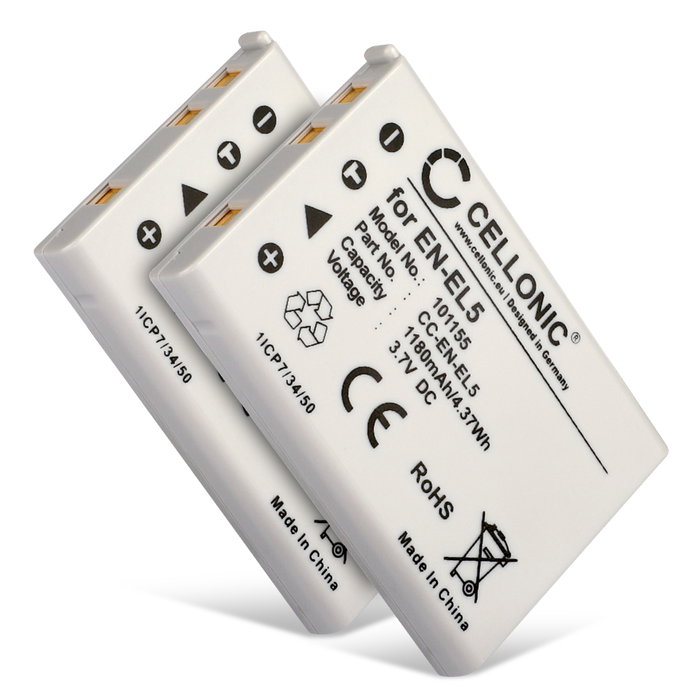 2x Ersättningsbatteri Nikon EN-EL5 för Nikon Coolpix P510, Nikon Coolpix P520, Nikon Coolpix 4200, Nikon Coolpix 5200, Nikon Coolpix P500 mfl. - Två stycken kamerabatteri med hög kapacitet 1180mAh och lång batteritid