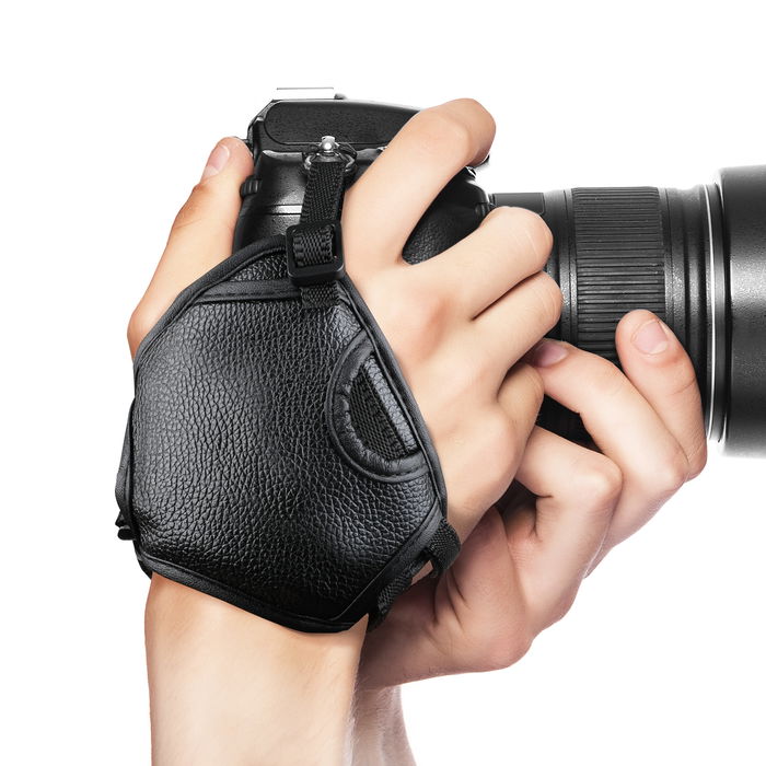 Kamerarem med handledsfäste för kameror med 1/4" skruvgänga + karbinhake - Canon EOS, Panasonic Lumix, Nikon D, Sony Alpha, m.fl. Vadderad och justerbar med en maxlängd om 25cm