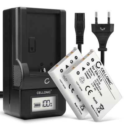 Laddare plus 2x Ersättningsbatteri Nikon EN-EL5 för Nikon Coolpix P510, Nikon Coolpix P520, Nikon Coolpix 4200, Nikon Coolpix 5200, Nikon Coolpix P500 mfl. - Två stycken kamerabatteri med hög kapacitet 1180mAh och lång batteritid, inkl. laddare