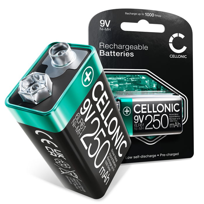CELLONIC uppladdningsbart 9V batteri - 250mAh - förladdad och lång livslängd - 1x 9V / E-block / 6F22 / 6LR61 / AM-61 NiMH 1.2V för brandvarnare, trådlösa mikrofoner, leksaker eller fasta telefoner