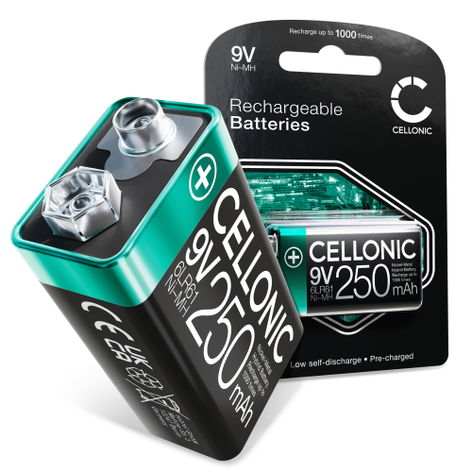 Uppladdningsbara batterier i storlek 9V / E Block, NiMH, 250mAh, 9V från CELLONIC – antal: 1x. Utförande: Uppladdningsbart