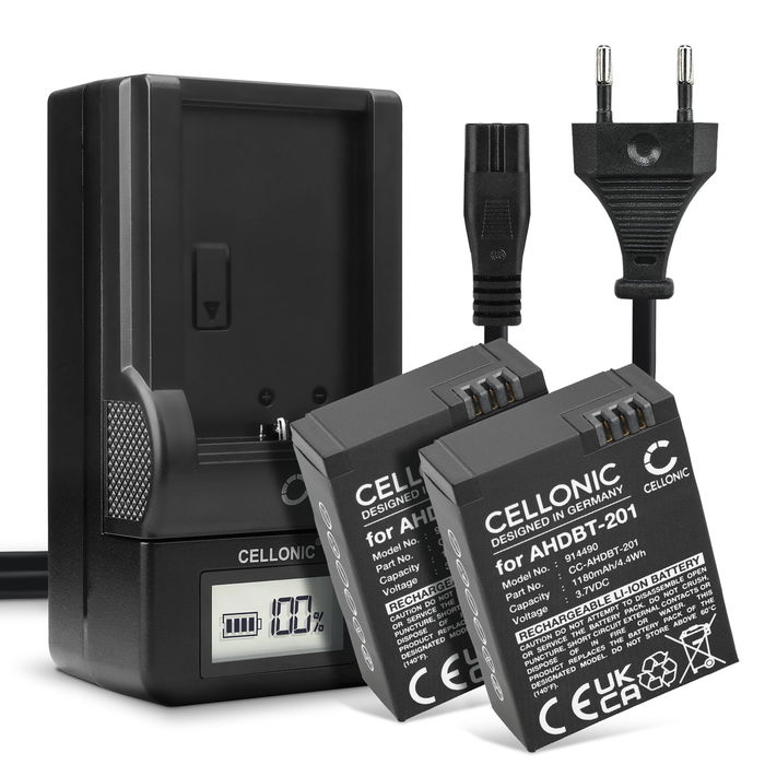 Laddare inkl. 2x Ersättningsbatteri AHDBT-201 AHDBT-301 AHDBT-302 för GoPro Hero 3 Hero 3 White Hero 3 Black Hero 3 Silver Hero 3 + Hero 3+ Hero 3 Plus - kamerabatteri med hög kapacitet 1180mAh för lång batteritid - Två st. GoPro batteri + laddare med LCD