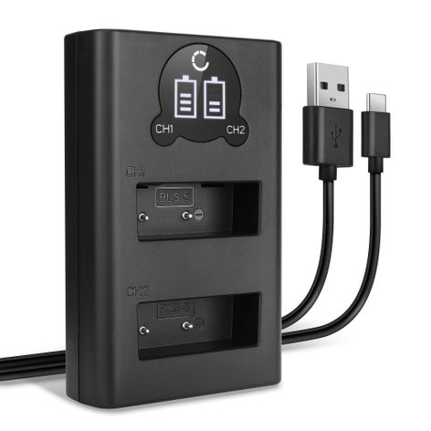 USB Dual Battery Charger for Olympus Stylus 1, 1s; E-400; E-410; E-420; E-450 – charges 2x BLS-5 BLS-50 BLS-1 batteries, 8.4W, 1m + USB Cable from CELLONIC