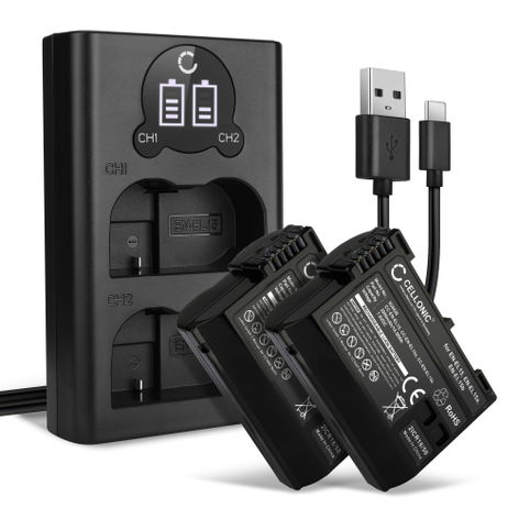 2x Battery for Nikon D850; 1 V1; D750; D7500; D500; D7200; D7000; D7100 (2000mAh, 7V) + Dual Charger from CELLONIC