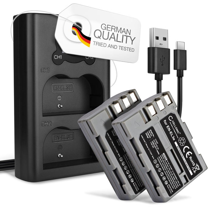 2x Batteri för Nikon D700 D70s D80 D90 D900 D100 D200 D300 D300S D50 D70 kamera med hög 1600mAh kapacitet + dubbelladdare med USB-uttag för uppladdningsbara kamerabatteri