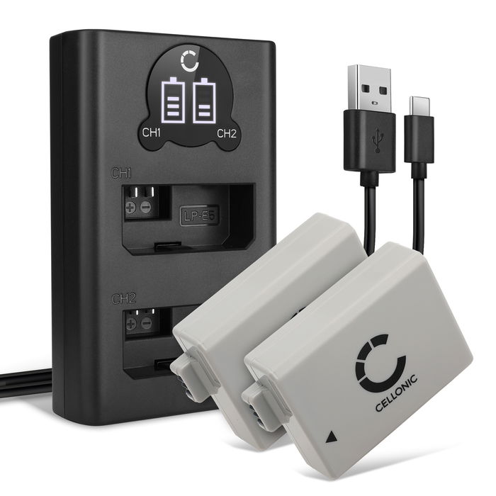 2x Canon LC-E5 1020mAh Batteri + Dubbel Laddare från CELLONIC