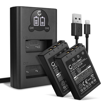 2x Batteri för Olympus Pen EPL7, EPL8, EPL6, EPL5, EPL4, EPL3, EPL2, Stylus 1, OM-D EM10 Mark II, BLS-50, BCS-1 1000mAh + Dubbel Laddare från CELLONIC