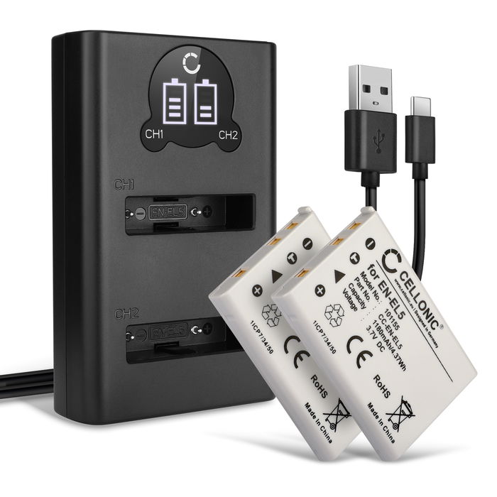 2x Nikon Coolpix P90 1180mAh Batteri + Dubbel Laddare från CELLONIC