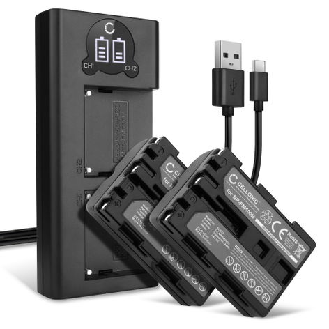 2x Battery for Sony A68 SLT-A68; AC-VQ850D; DSLR-A100 (α100) (1600mAh, 7.4V) + Dual Charger from CELLONIC