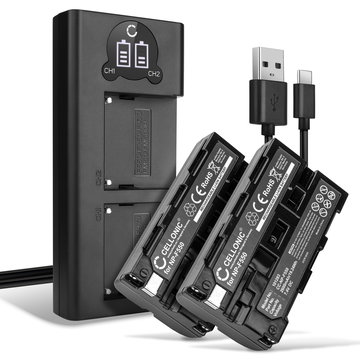 Dubbelladdare + 2x Kamerabatteri Sony NP-F330, NP-F530, NP-F550, NP-F730, NP-F750, NP-F930, NP-F950 - Två batteri inkl. laddare för Sony DCR-VX2100E, DSR-PD150, HDV-Z1 DCR-VX2100e DCR-TRV9 DSR-PD150 -PD170 HDR-FX7e -FX1 GV-D200 HDR-FX1000e kamera - 2600mA