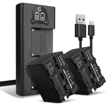 2x ersättningsbatteri 6600mAh inkl. dubbel-laddare för Sony NP-F970, NP-F960, NP-F950, NP-F930 - kamerabatteri optimerat för bl.a. Z Cam E2, Sony HXR-MC2000, Sony HDR-FX7 - reservbatteri och laddare med LED-display