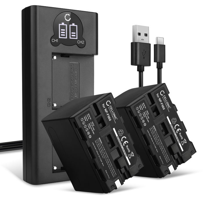 2x Sony NP-F970 6600mAh Batteri + Dubbel Laddare från CELLONIC