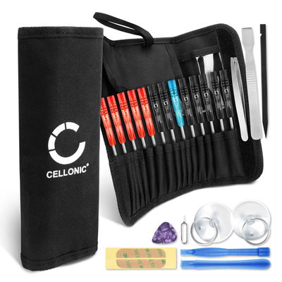 23-delars verktygskit / reparationskit med väska inkl. kryss- och spårmejslar, tripoint mejslar, Torx, sugkopp, pincett, displayklister - precisionsverktyg för batteribyte, displaybyte mm. - Skruvmejslar för reparationer