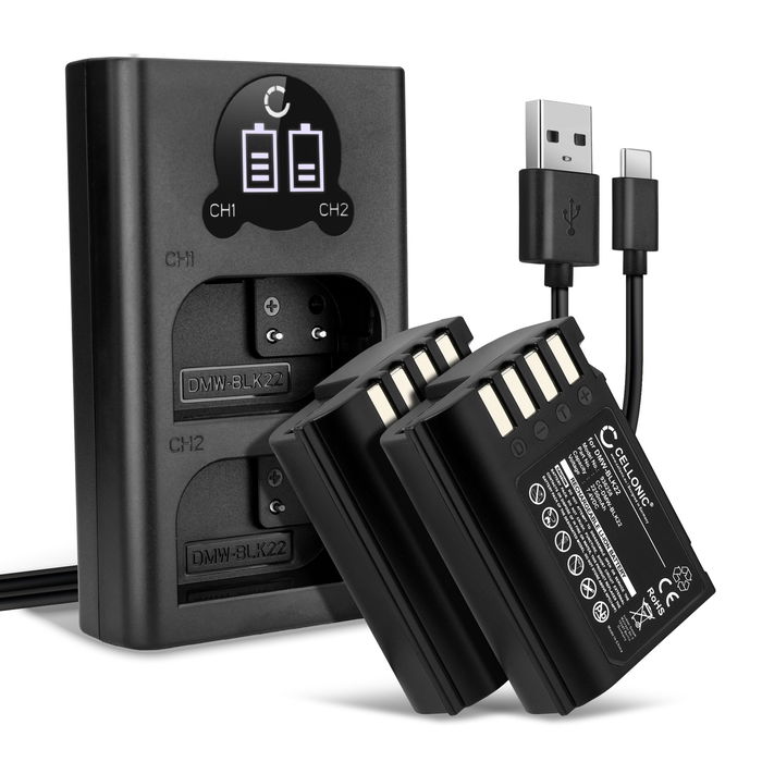 2x Panasonic Lumix DC-GH5 II 2250mAh Batteri + Dubbel Laddare från CELLONIC