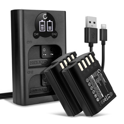 2x Batteri för Panasonic Lumix G9, GH5S, DC-S5, DC-S5K, DC-GH5 II, DMW-BLK22, DMW-BTC15 kamera med hög 2250mAh kapacitet + dubbelladdare med USB-uttag för uppladdningsbara kamerabatteri