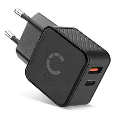 CELLONIC USB och USB C laddare Dubbel USB till vägguttag Nätadapter 20W PD Snabbladdning 2-port till iPhone, Samsung, iPad, Huawei, Switch, PSP, telefon, surfplatta - Svart