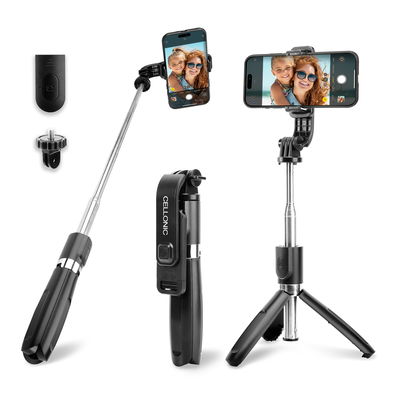 2-i-1 selfiepinne/selfiesticka med trebent kamerastativ tripod 1 m långt utfällbart enbensstativ - monopod - & ihopfällbart selfiestativ med Bluetooth-fjärrkontroll för iPhone, GoPro - Svart