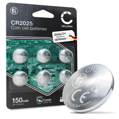 CELLONIC CR2025 Knapcellsbatterier (Lithium, 150 mAh, 3V) för Bilnycklar, Garagekontroller, Medicinsk Utrustning – x6-Pack