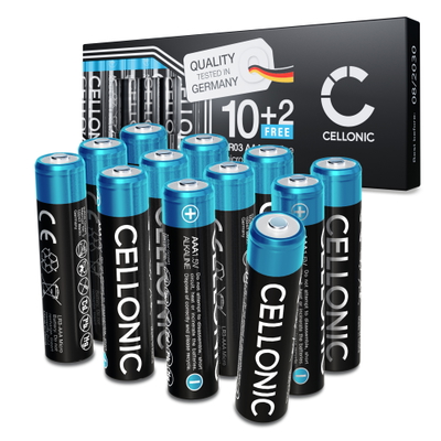 Batterier i storlek AAA, Alkalisk, 1250mAh, 1.5V från CELLONIC – antal: 12x. Utförande: Inte uppladdningsbart