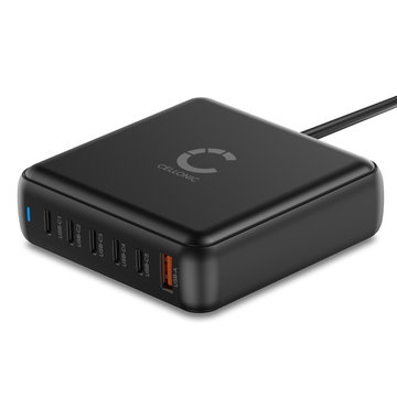200W 6-ports GaN USB-C Laddningshubb – PD QC 3.0 Snabbladdningsstation för Laptops, Surfplattor & Mobiler från CELLONIC