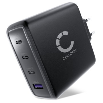 CELLONIC 140W GaN USB C Charger – 4-Port Multiport Adapter (3x USB-C, 1x USB-A) with Fast Charging PD, compatible with MacBook, iPhone, iPad, Samsung Galaxy, Laptop – compact & travel-friendly